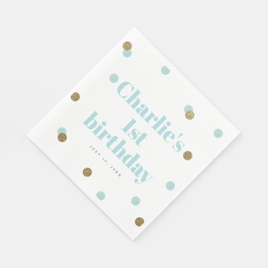 Aqua blue en Gold confetti eerste verjaardag Servet (Hoek)