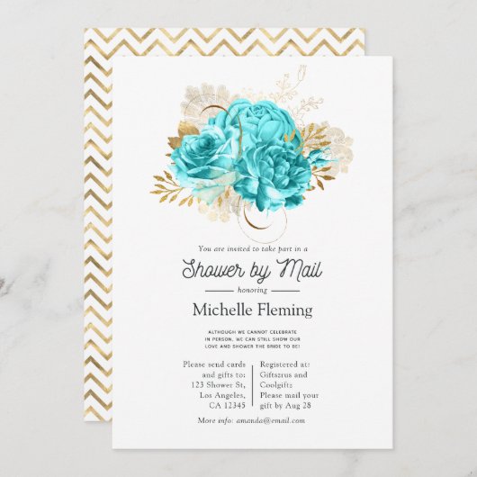 Aqua Blue en Gold Floral Shower per Mail Kaart (Voorkant / Achterkant)