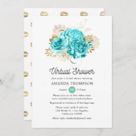 Aqua Blue en Gold Floral Virtual Shower Kaart
