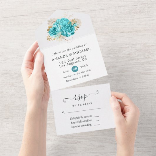 Aqua Blue en Gold Floral Wedding All In One Uitnodiging (Afscheurbaar)