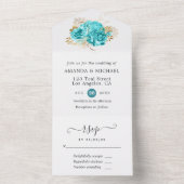 Aqua Blue en Gold Floral Wedding All In One Uitnodiging (Binnen)
