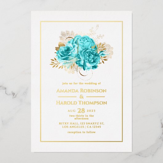 Aqua Blue en Gold Floral Wedding Folie Uitnodiging (Voorkant)