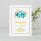 Aqua Blue en Gold Floral Wedding Folie Uitnodiging (Staand Voorkant)