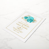 Aqua Blue en Gold Floral Wedding Folie Uitnodiging (Gedraaid)