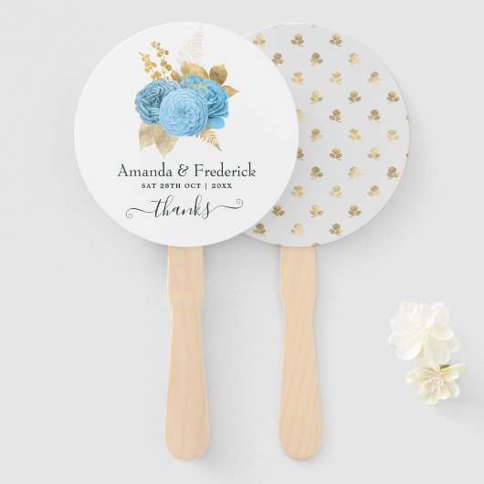 Aqua Blue en Gold Floral Wedding Hand Fan Handwaaier (Voorkant en achterkant)
