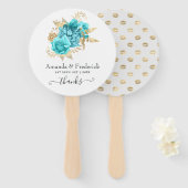 Aqua Blue en Gold Floral Wedding Handwaaier (Voorkant en achterkant)