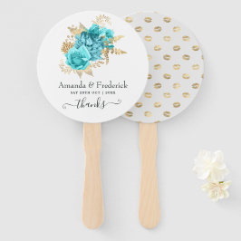 Aqua Blue en Gold Floral Wedding Handwaaier