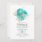 Aqua Blue en Gold Floral Wedding Kaart (Voorkant)