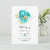 Aqua Blue en Gold Floral Wedding Kaart (Staand voorkant)