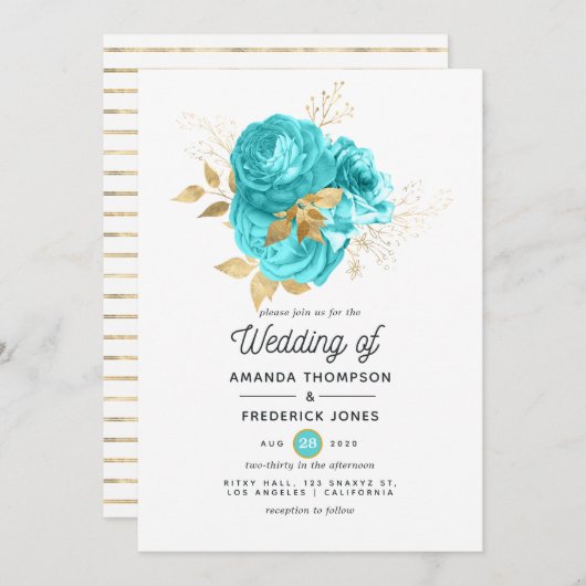 Aqua Blue en Gold Floral Wedding Kaart (Voorkant / Achterkant)