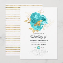 Aqua Blue en Gold Floral Wedding Kaart