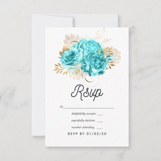 Aqua Blue en Gold Floral Wedding RSVP Kaartje (Voorkant)