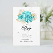 Aqua Blue en Gold Floral Wedding RSVP Kaartje (Staand voorkant)
