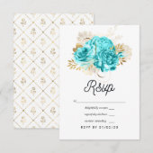 Aqua Blue en Gold Floral Wedding RSVP Kaartje (Voorkant / Achterkant)