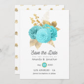 Aqua Blue en Gold Floral Wedding Save The Date (Voorkant / Achterkant)