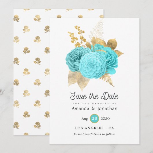 Aqua Blue en Gold Floral Wedding Save The Date (Voorkant / Achterkant)