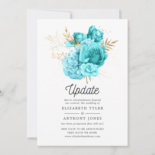 Aqua Blue en Gold Floral Wedding Update Kaart (Voorkant)