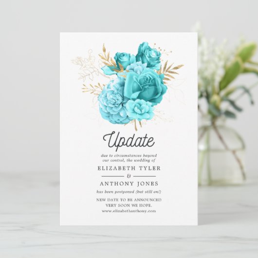 Aqua Blue en Gold Floral Wedding Update Kaart (Staand voorkant)