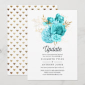 Aqua Blue en Gold Floral Wedding Update Kaart (Voorkant / Achterkant)