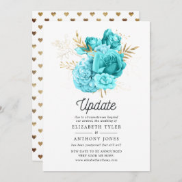 Aqua Blue en Gold Floral Wedding Update Kaart