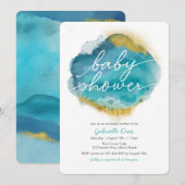 Aqua Blue en Gold Ocean Baby shower-uitnodiging Kaart (Voorkant / Achterkant)