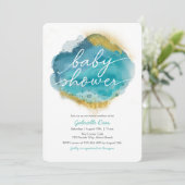 Aqua Blue en Gold Ocean Baby shower-uitnodiging Kaart (Staand voorkant)
