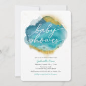 Aqua Blue en Gold Ocean Baby shower-uitnodiging Kaart (Voorkant)