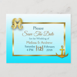 Aqua Blue en Gold Save the Date Briefkaarten