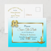 Aqua Blue en Gold Save the Date Briefkaarten (Voorkant / Achterkant)