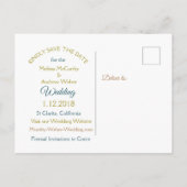 Aqua Blue en Gold Save the Date Briefkaarten (Achterkant)