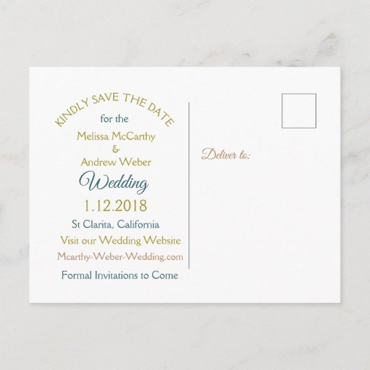 Aqua Blue en Gold Save the Date Briefkaarten (Achterkant)