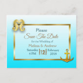 Aqua Blue en Gold Save the Date Briefkaarten (Voorkant)
