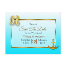 Aqua Blue en Gold Save the Date Briefkaarten