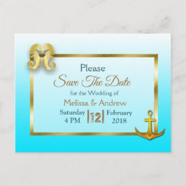 Aqua Blue en Gold Save the Date Briefkaarten