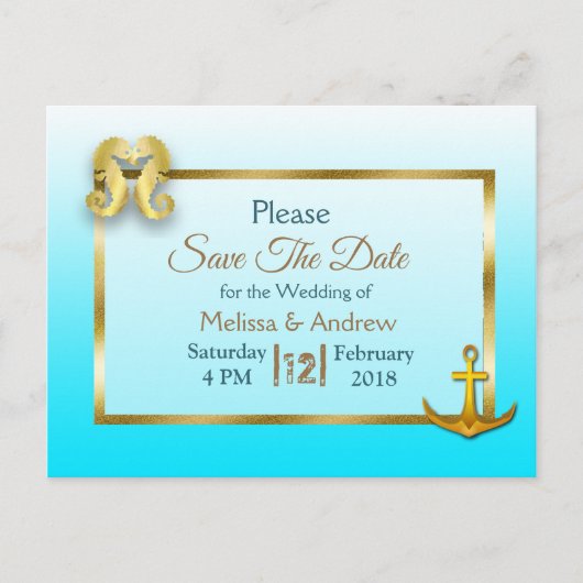 Aqua Blue en Gold Save the Date Briefkaarten (Voorkant)