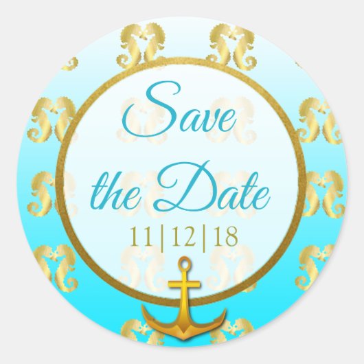 Aqua Blue en Gold Seahorse Save the Date Stickers (Voorkant)