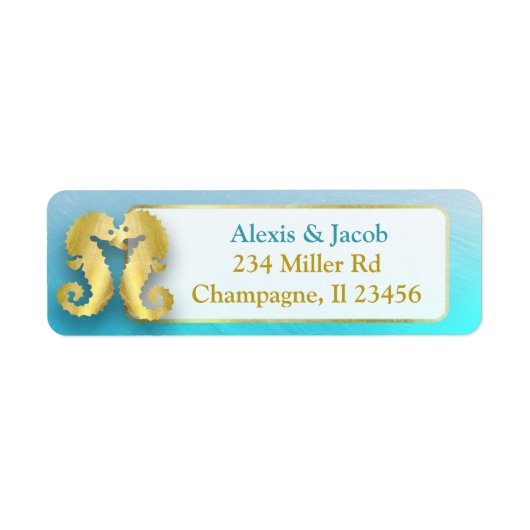 Aqua Blue en Gold Seapaarden Kissing Return Labels (Voorkant)