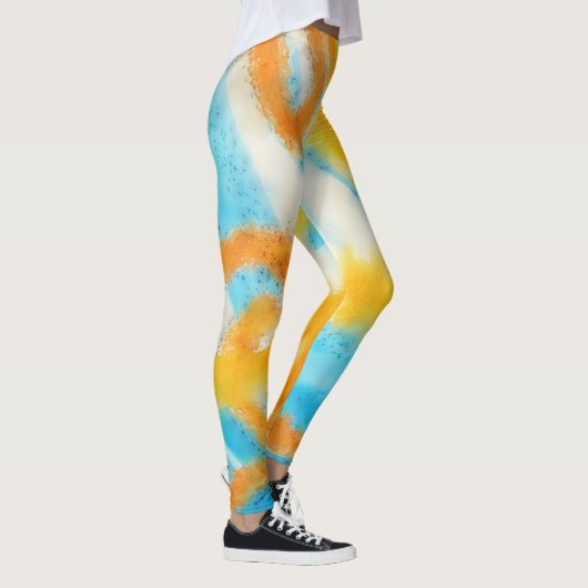 Aqua Blue en Gold Waterverf Art Leggings (Rechts)