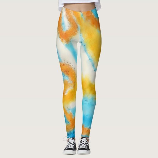 Aqua Blue en Gold Waterverf Art Leggings (Voorkant)