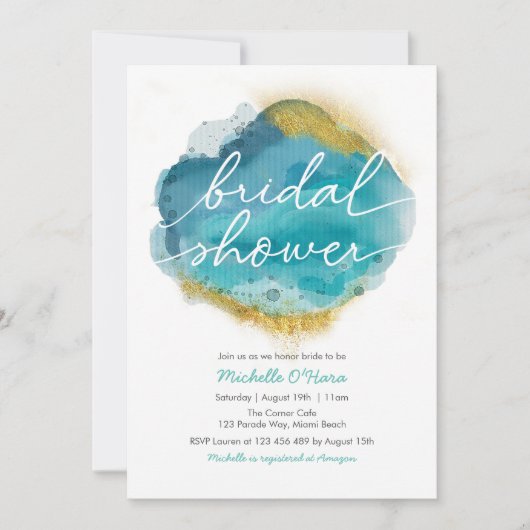 Aqua Blue en goud Ocean Bridal Douche uitnodiging (Voorkant)