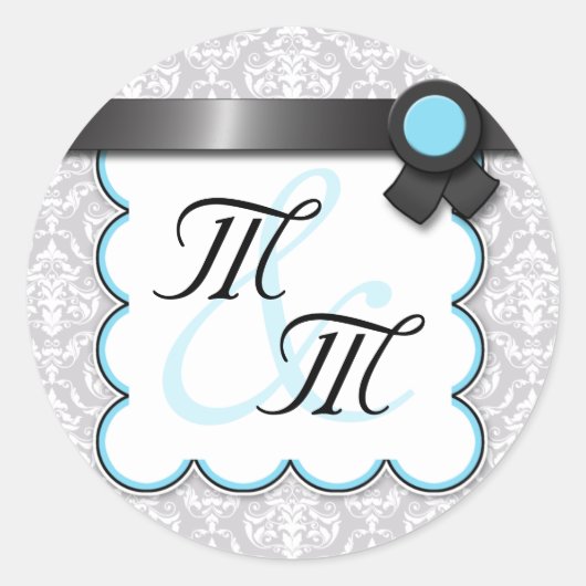 Aqua Blue en Gray Damask Double Monogram Stickers (Voorkant)