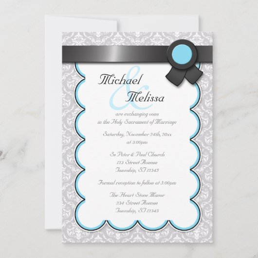 Aqua Blue en Gray Damask Wedding Invitations Kaart (Voorkant)