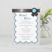 Aqua Blue en Gray Damask Wedding Invitations Kaart (Staand voorkant)