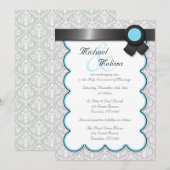 Aqua Blue en Gray Damask Wedding Invitations Kaart (Voorkant / Achterkant)