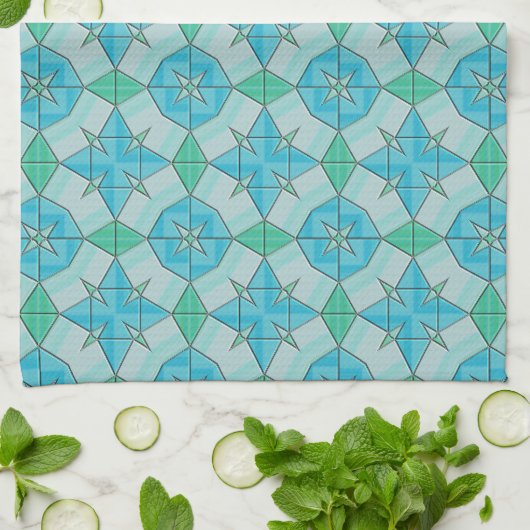 Aqua Blue en Green Geometric Tiled Pattern Theedoek (Gevouwen)