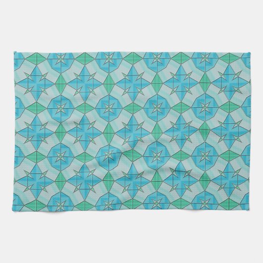 Aqua Blue en Green Geometric Tiled Pattern Theedoek (Horizontaal)
