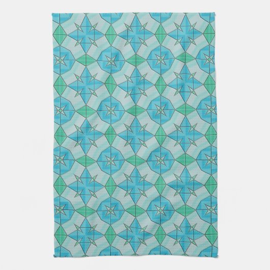 Aqua Blue en Green Geometric Tiled Pattern Theedoek (Verticaal)