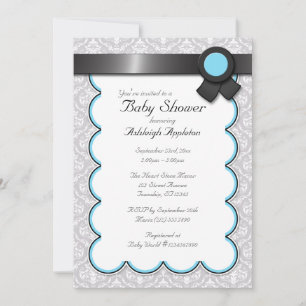 Aqua Blue en Grey Damask Baby Shower-uitnodigingen Kaart