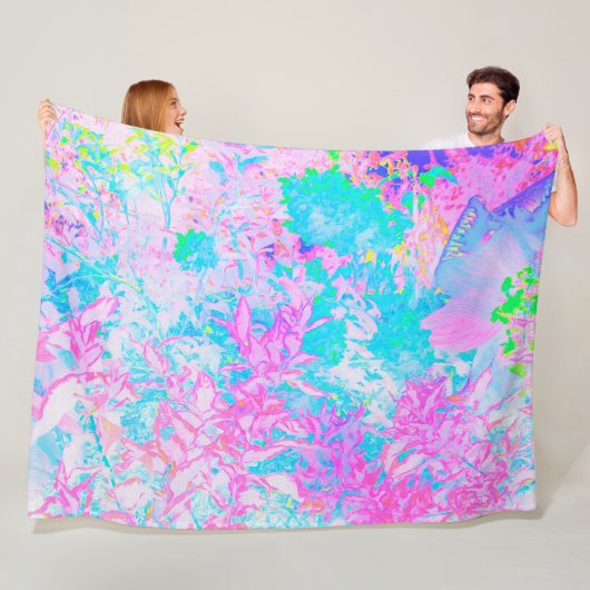 Aqua Blue en Hot Pink Hydrangea Landschap Fleece Deken (In situ)