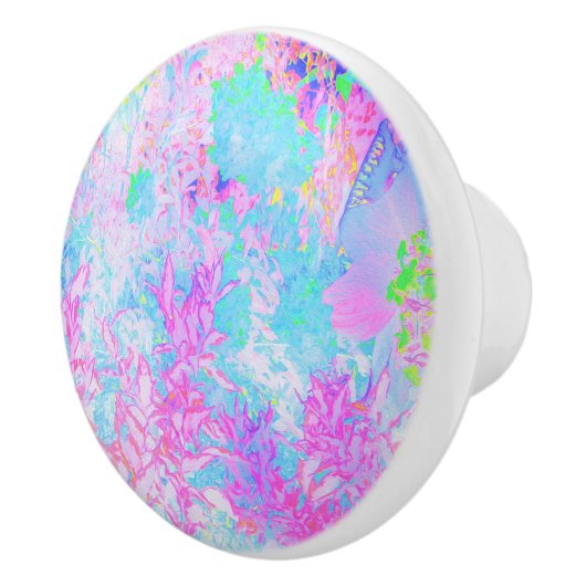 Aqua Blue en Hot Pink Hydrangea Landschap Keramische Knop (Rechts)